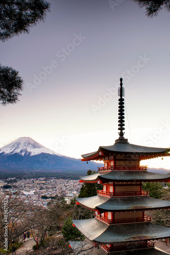 Fuji Mountain and Chureito Pagoda in Autumn, Japan 