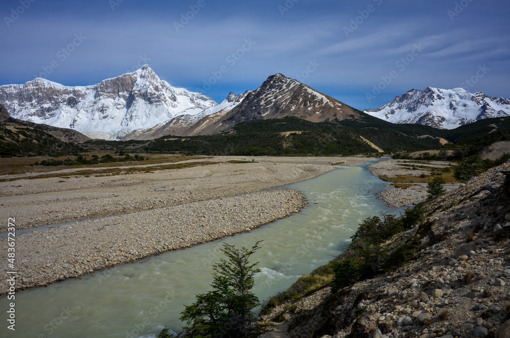 View of snowcapped peaks Cerro San Lorenzo and Cerro Hermoso in Patagonia, Argentina
