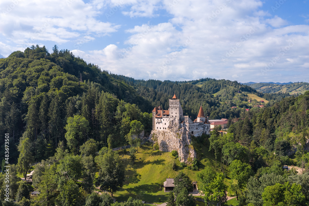 Landscape with medieval Bran castle known for the myth of Dracula. Bran or Dracula Castle in Transylvania. Location: Brasov region, Transylvania, Romania, Europe