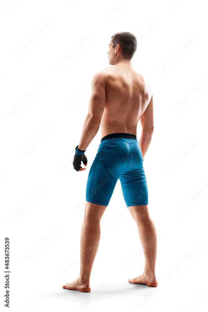 MMA. Sport concept. View from behind. MMA fighter isolated. Athlete. Emotions of winner. Sport victory MMA. Sport concept. View from behind. MMA fighter isolated. Athlete. Emotions of winner. Sport victory
