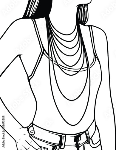 Necklace size chart with a silhouette of a woman. Demonstration of long necklaces.