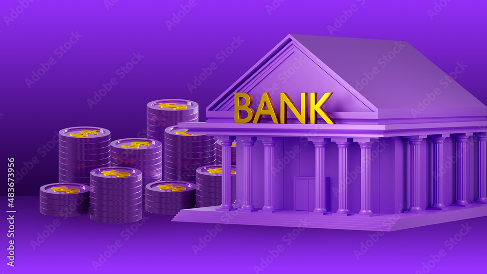 Keeping money in bank account. Stacks of coins next to bank office