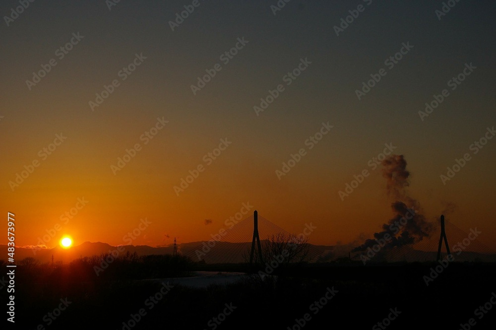 power station at sunset