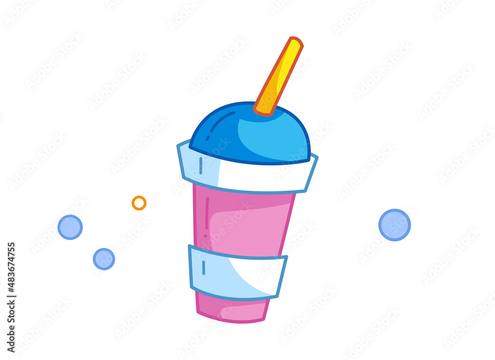 Pink glass for a drink or water with a straw. Healthy eating while walking with contour. Vector illustration in cartoon childish style. Isolated funny clipart on white background. cute print. Pink glass for a drink or water with a straw. Healthy eating while walking with contour. Vector illustration in cartoon childish style. Isolated funny clipart on white background. cute print.