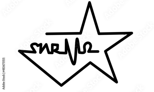 One line draws a star. Modern minimalist art, aesthetic contours. Abstract star portrait in minimalist style with mega ohm star inscription. Continuous line vector illustration