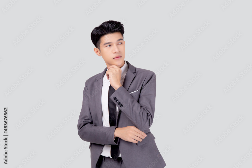 Portrait young asian business man in suit with smart thinking idea isolated on white background, businessman standing and planning for success, handsome manager or executive, emotion and expression. Portrait young asian business man in suit with smart thinking idea isolated on white background, businessman standing and planning for success, handsome manager or executive, emotion and expression.