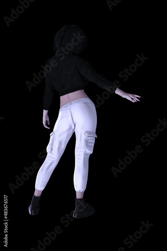 gorgeous young woman in sweatshirt and hoodie poses on white background 3D illustration