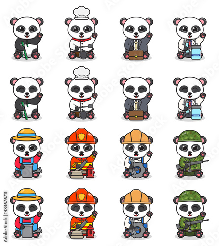 Fototapeta Naklejka Na Ścianę i Meble -  Vector Illustration of Cute cartoon Panda with sitting and hand up pose and different costume. Set of cute little panda characters. Flat icons in cartoon style.