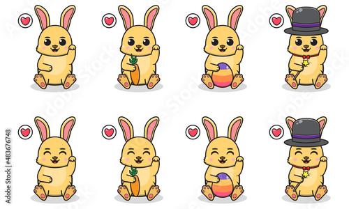 Vector Illustration of Cute Rabbit siting and hand up pose. Set of cute smile Bunny characters. Flat icons in cartoon style.