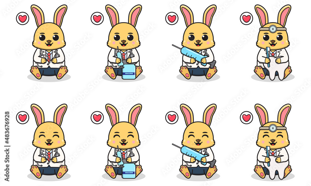 Obraz premium Vector Illustration of Cute sitting Rabbit with Doctor costume. Set of cute smile Bunny characters. Flat icons in cartoon style.