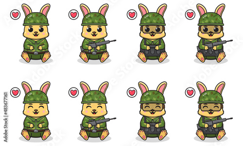 Vector Illustration of Cute sitting Rabbit with Soldier costume. Set of cute smile Bunny characters. Flat icons in cartoon style.