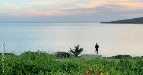 Seaside sea view at sunset, San Francisco, USA. Silhouette nature. 