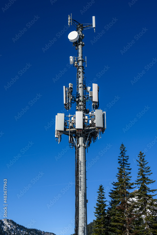 Wireless cell site with antenna mounted on towers in a winter mountain landscape on a sunny day.
Wireless cell site with antenna mounted on towers in a winter mountain landscape on a sunny day.