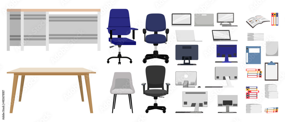 Office elements and equipment's with  table chair file and folders computer laptop