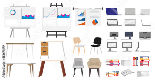 Home office elements and equipment's with chair table pc computer laptop and with some paper pile file folders presentation board