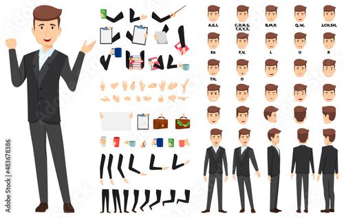 Business character set front, side, back view animated character creation set with various views, face emotions, poses and gestures lip sync for mouth animation with elements photo