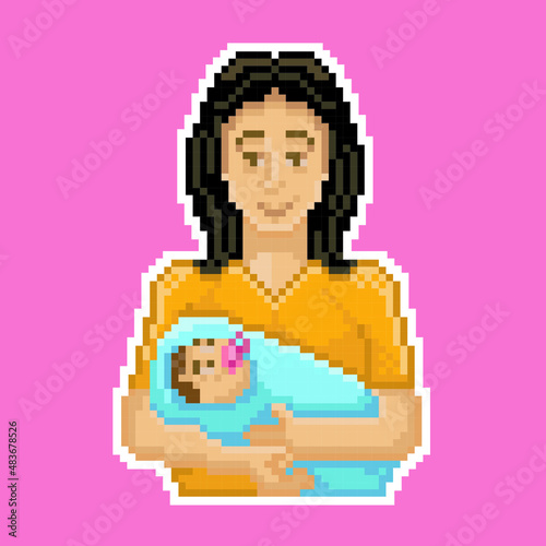 Mother taking care of her baby,Mother care,pixelart,pixelated vector art.