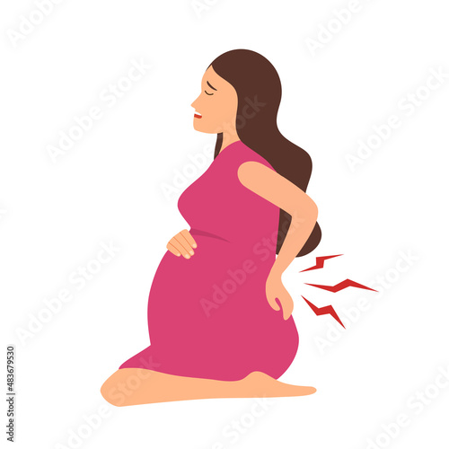 Pregnant woman sitting on the floor having backache symptom in flat design on white background. Tired pregnant female.