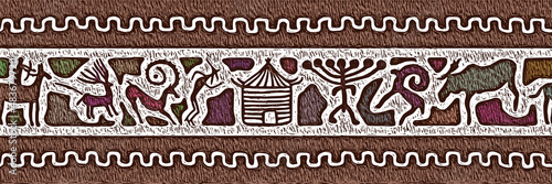 Ethnic border on the theme of rock paintings of Siberia, vector design. Seamless pattern, banner.	