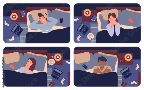 Tired persons with insomnia and depression at night vector illustration. Cartoon sleepless woman man characters lying on pillow under blanket, sad people crying from stress and problems background