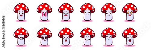 mushroom vector with 12 emoticons set 
