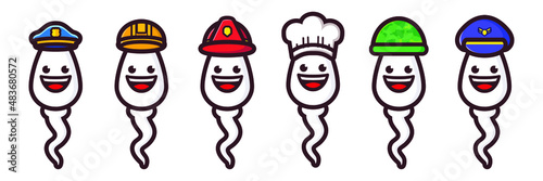a collection of sperm characters wearing chef hats soldiers police pilots firefighters photo