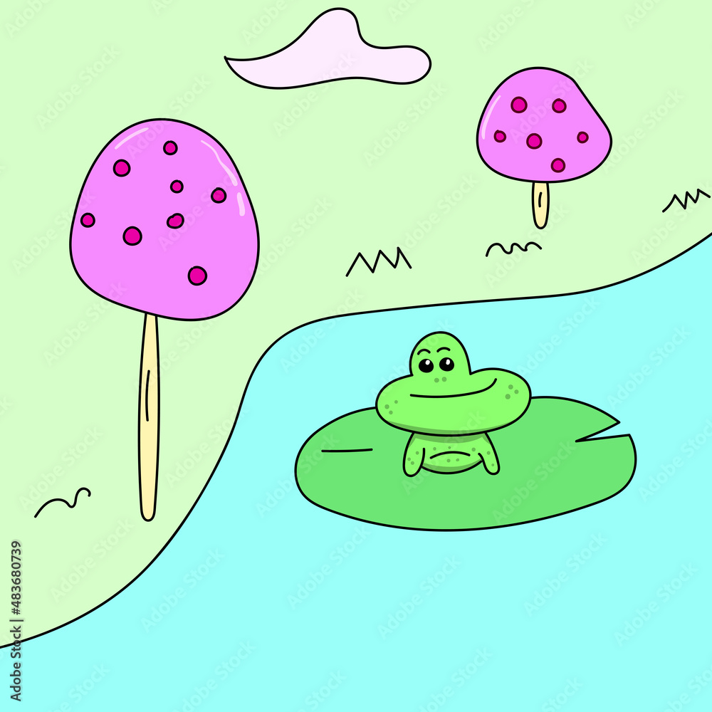 nature illustration of forest and frog relax on river nature illustration of forest and frog relax on river