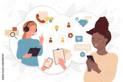 Communication with customer and call center vector illustration. Cartoon online help and information assistance of female operator in headset to girl with phone. Website support service concept