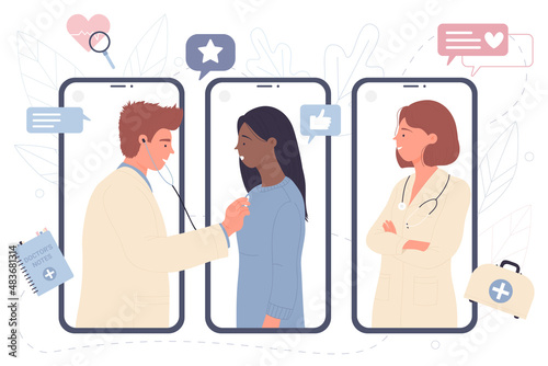 Online consultation of patient by doctor with stethoscope, people on screens of mobile phones vector illustration. Cartoon woman doing virtual video call to hospital, using smartphone for diagnosis