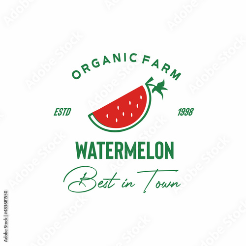 ILLUSTRATION VECTOR GRAPHIC OF fresh red watery watermelon slice from organic farm best in town premium quality fruit GOOD FOR watermelon vintage logo retail market grocery shop fruity