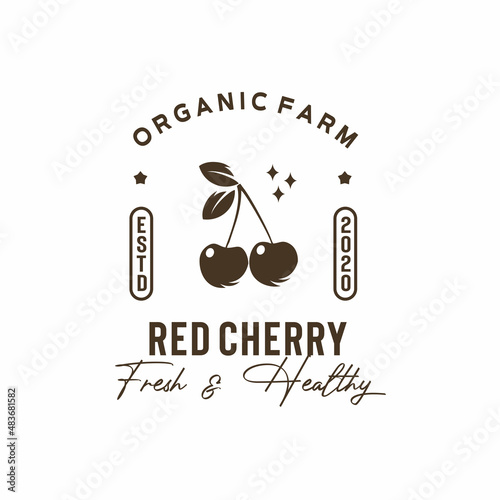 ILLUSTRATION VECTOR GRAPHIC OF silhouette red two cherry from organic farm organic fruit product GOOD FOR red cherry vintage logo at fruit market shop grocery store organic product