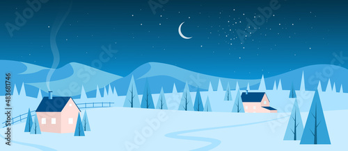 Evening or night village winter landscape vector illustration. Cartoon snow covered farm houses with smoke from chimney and silhouettes of pine trees, mountains on horizon. Christmas holidays concept