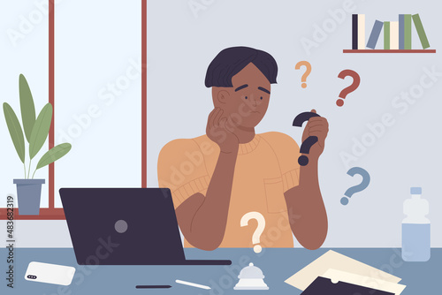 Person holding question mark in hand vector illustration. Cartoon young man with puzzled face sitting at desk with laptop, student thinking about answer, boy asking himself about future plan and ideas