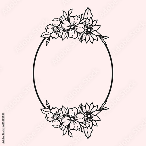 Circle with flower for logo, vector floral logo, round icon in a trendy minimalist linear style,  mono line frames on white.