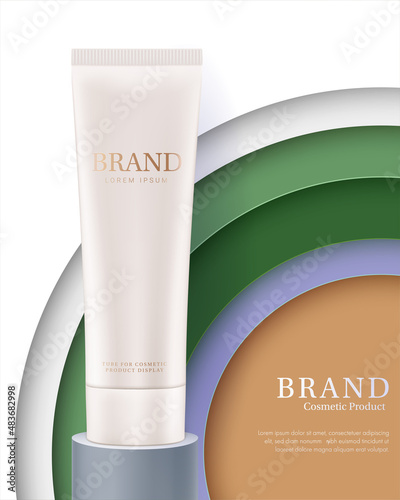 Tube of cosmetic product ads banner. Layered paper background.
