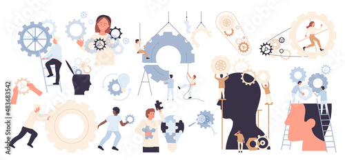 Project development process and success business strategy. Team of tiny people work with gears in human brain, training memory and skills, intelligence growth, self control flat vector illustration