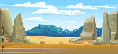 Cliffs, rocks and mountains in distance. Desert sand. Landscape of southern countryside. Cool cartoon style. Vector