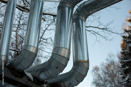 Heating pipes on street. Stainless steel.