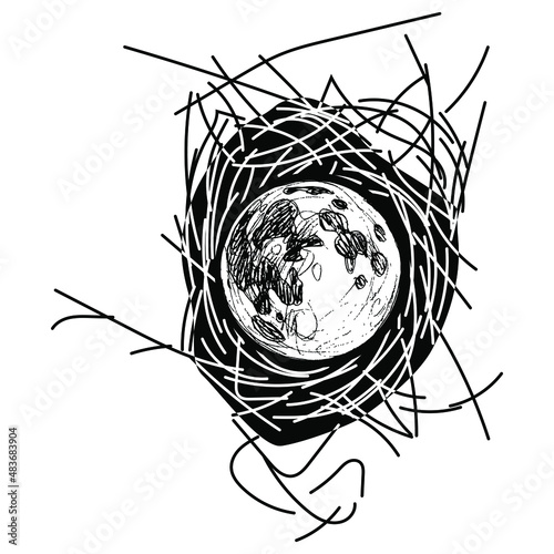 Full moon inside a bird's nest. Creative environmental concept. Isolated vector illustration.