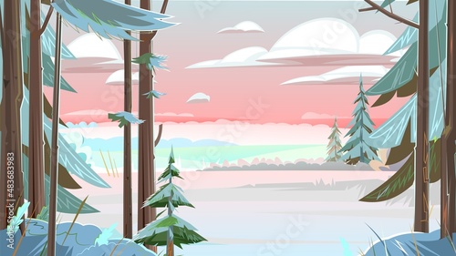 Winter forest landscape. The trunks of coniferous trees in the snow. Beautiful evening or morning sky. Thickets. Illustration in cartoon style flat design. Vector