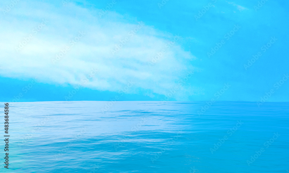 Obraz premium 3D rendering sea on blue sky. Ocean surface panorama. Landscape Surface seascape on scene summer season.Travel wallpaper.Nature wave water horizontal. Outdoor in sea.