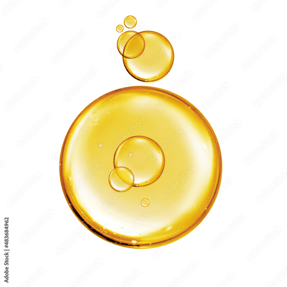 yellow bubble oil or serum isolated on white background. Beauty and skincare - obrazy, fototapety, plakaty 