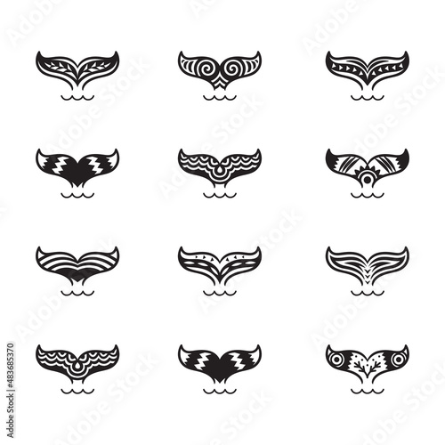Whale tale symbol set in ethnic style. Monochrome design