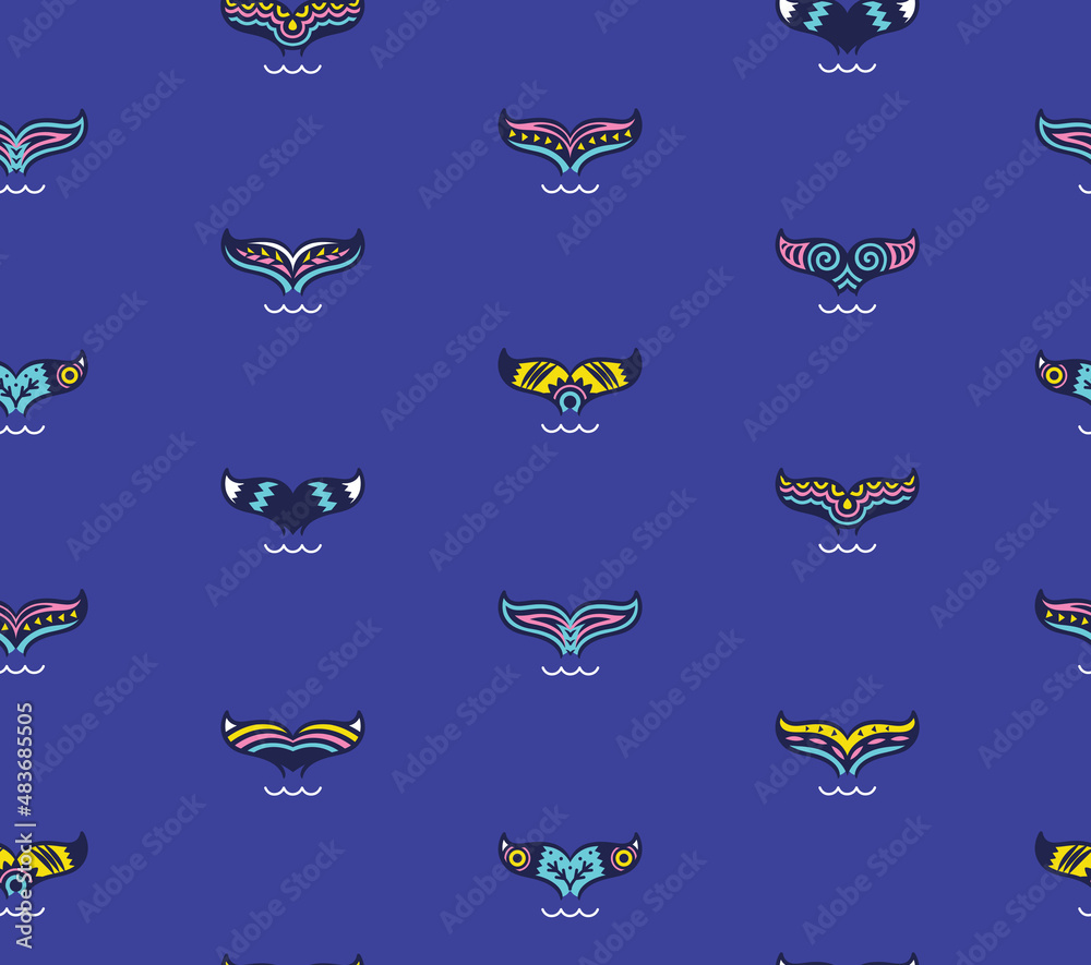 Seamless pattern with whale tales in Maori style. Vector illustration