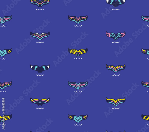Seamless pattern with whale tales in Maori style. Vector illustration