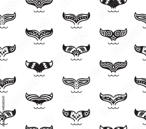 Seamless pattern with whale tales in Maori style. Vector illustration