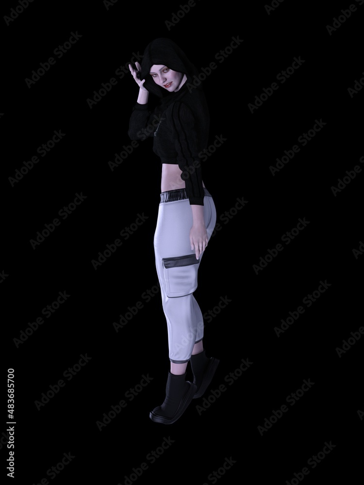 gorgeous young woman in sweatshirt and hoodie poses on white background 3D illustration