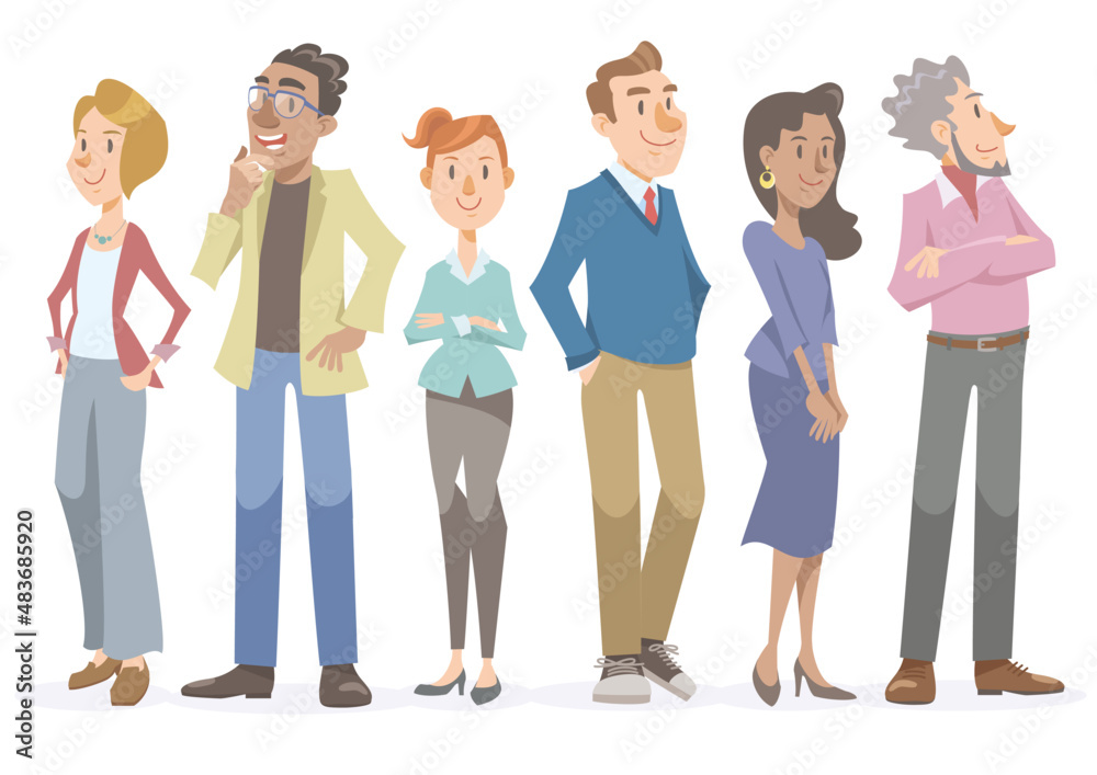 Set of diverse people whole body on white background. Smiling men and women in casual clothes standing with smile. Vector illustration in flat cartoon style. Set of diverse people whole body on white background. Smiling men and women in casual clothes standing with smile. Vector illustration in flat cartoon style.
