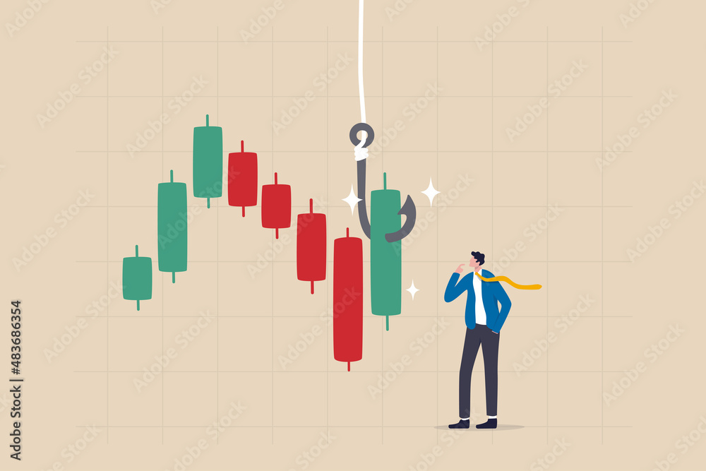 Fototapeta premium Candlestick signal to buy or sell in crypto trading or stock market, analyze data, chart and graph to make profit concept, businessman trader thinking while analyze green graph with fishing bait.