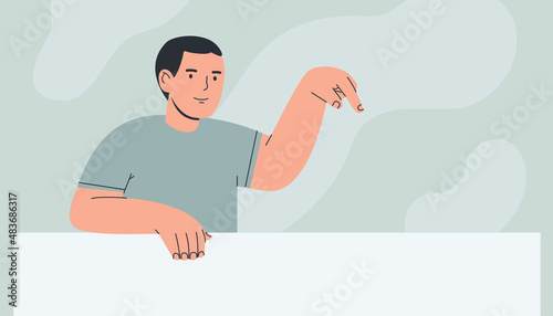 Young man pointing down finger. Cartoon colorful hand drawn vector illustration in flat style